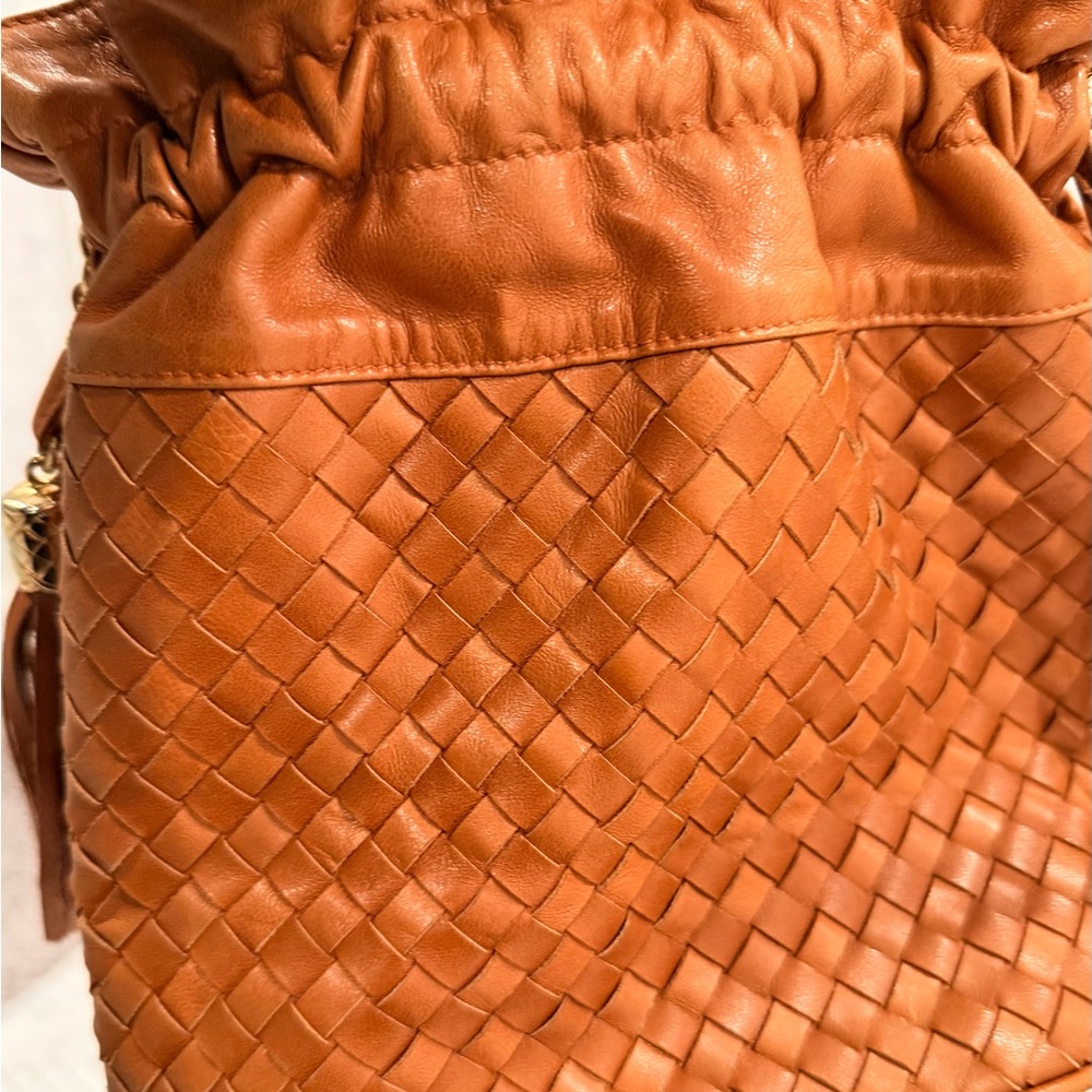 Henri Bendel Tan Woven Leather Bucket Bag with Brown Tassels and Chain Strap - Picture 11 of 11